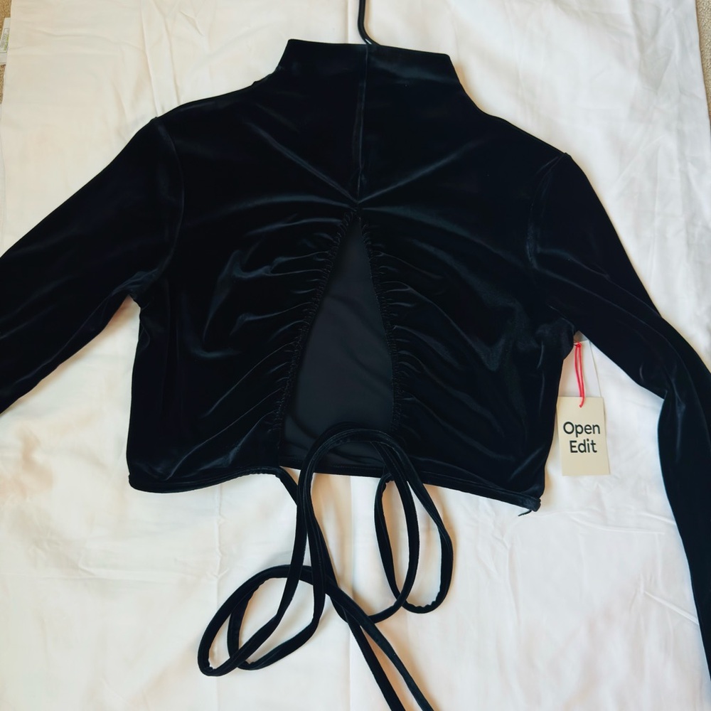 Black Ruched Long Sleeve Bodysuit with Mandarin Collar